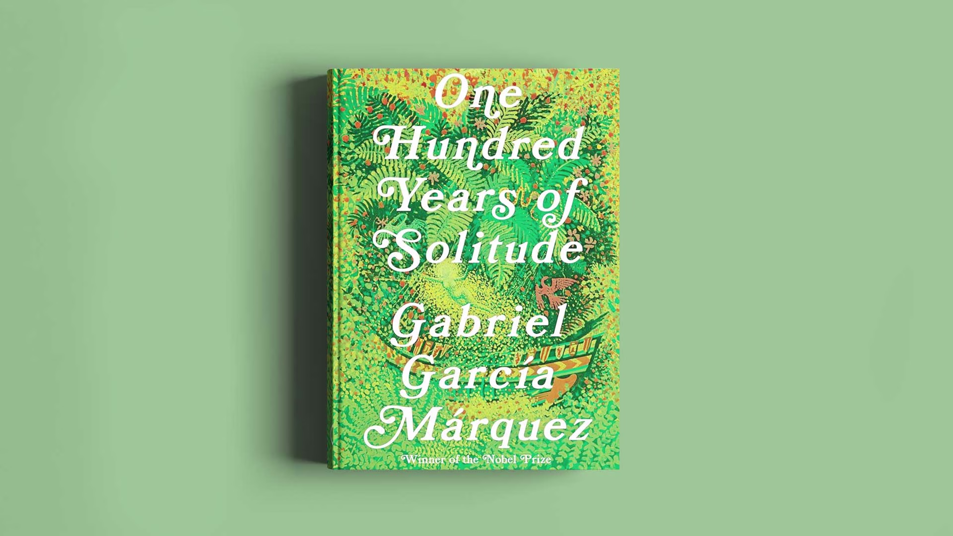 Book cover of One Hundred Years of Solitude by Gabriel Garcia Marquez on a green background.